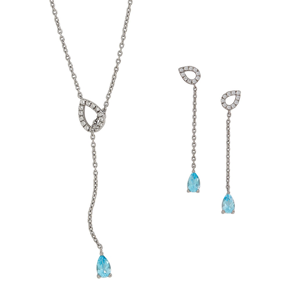 Silver Fixed Lariat Style Set with Genuine White and Sky Blue Topaz