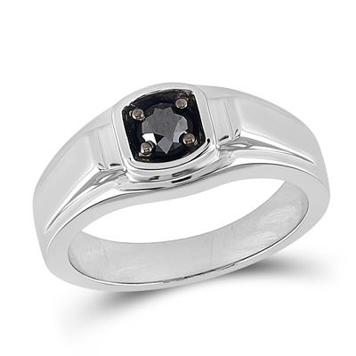 Sterling Silver Mens Round Black Color Enhanced Diamond Solitaire Ring 1/2