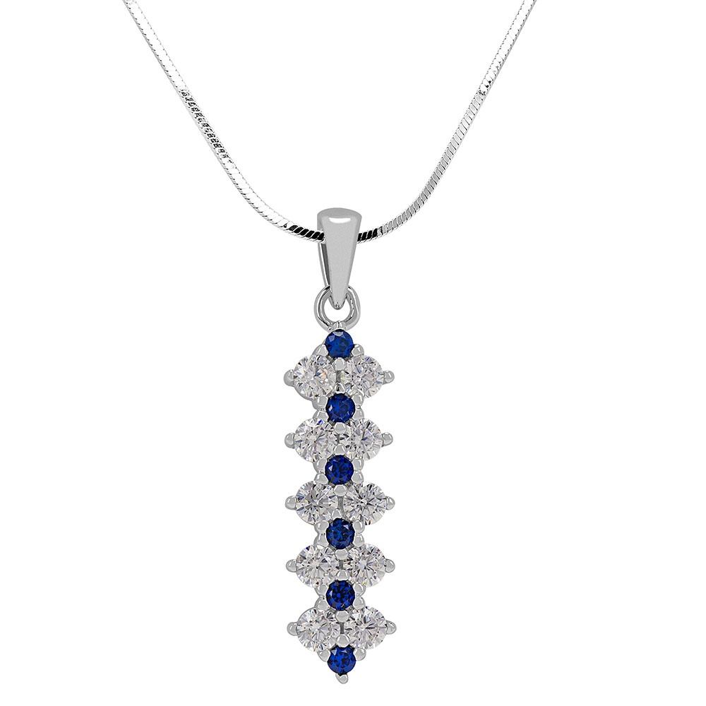 Silver Linear Bar Design Pendant with Blue and Clear CZ