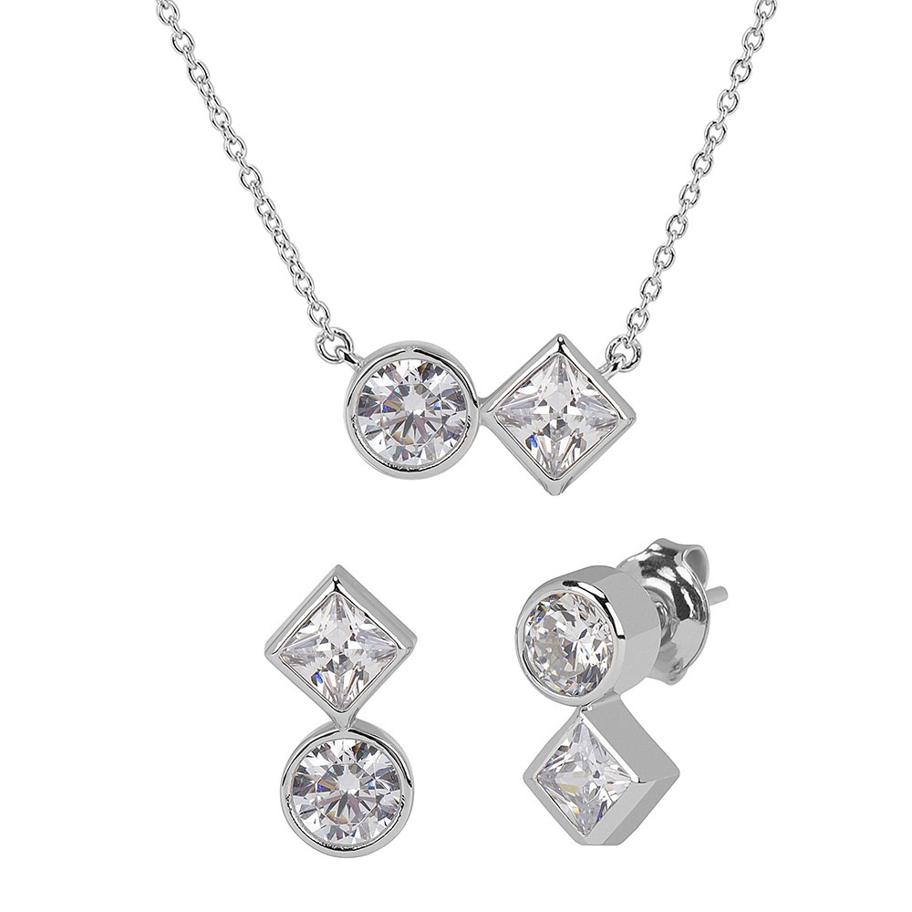 Silver Round and Princess Cut CZ Necklace and Earring Set