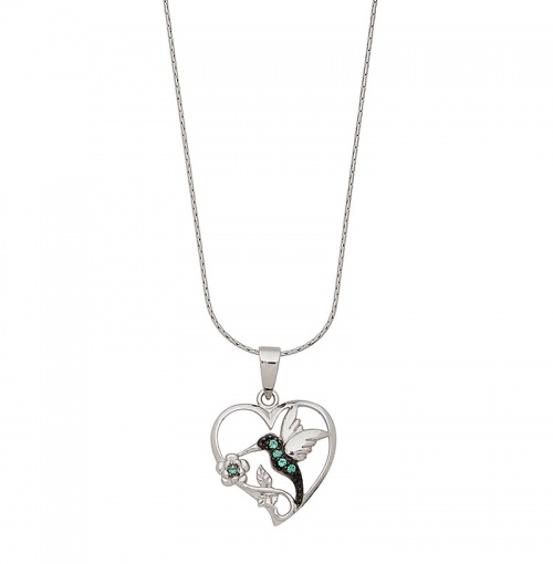 Silver Open Heart with Nano Green Humming Bird and Flower