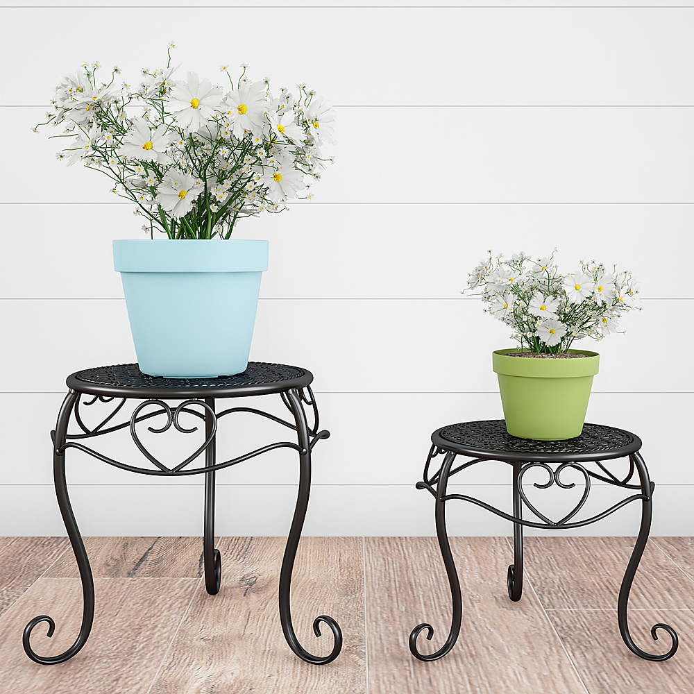 Set of 2 Indoor/Outdoor Nesting Wrought Iron Inspired Metal Round Decorative Potted Plant Display