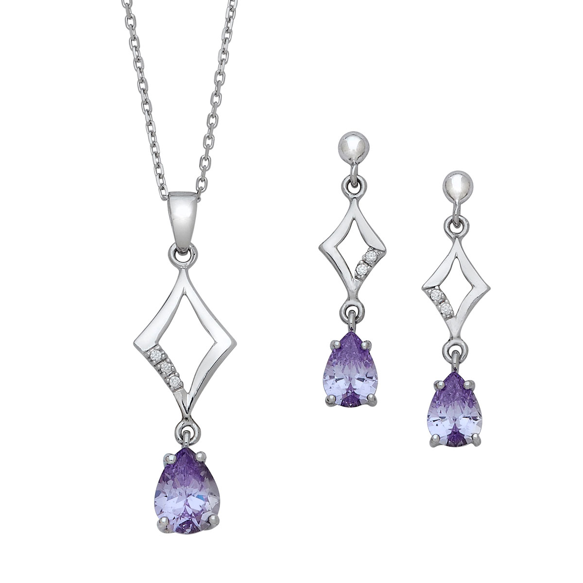 Silver Rhombus Shape with White CZ's and a Pear Shape Lilac Color CZ Dangle Pendant and Earring Set