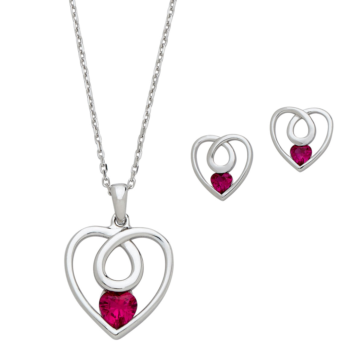 Silver Loop Heart High Polish with a Heart Shape Ruby Colored CZ Pendant and Earring Set