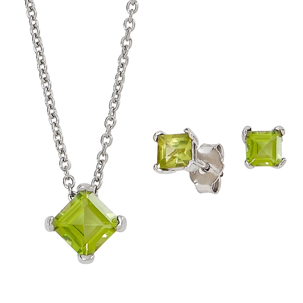Silver Genuine Peridot Square Solitaire Necklace and Earring Set