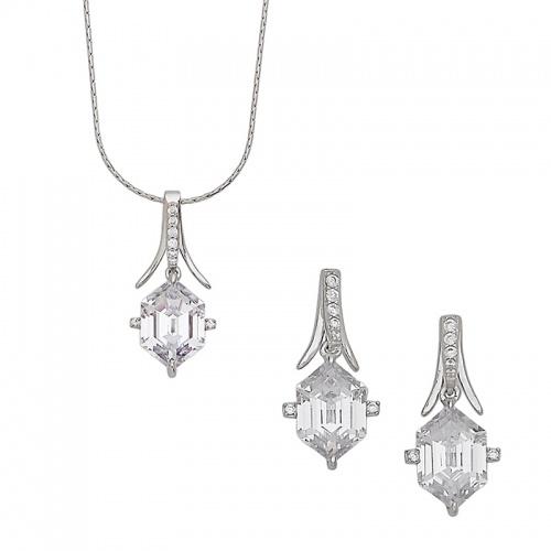 Silver Hexagon and Round Shape 5A Clear CZ Design Pendant and Earring Set