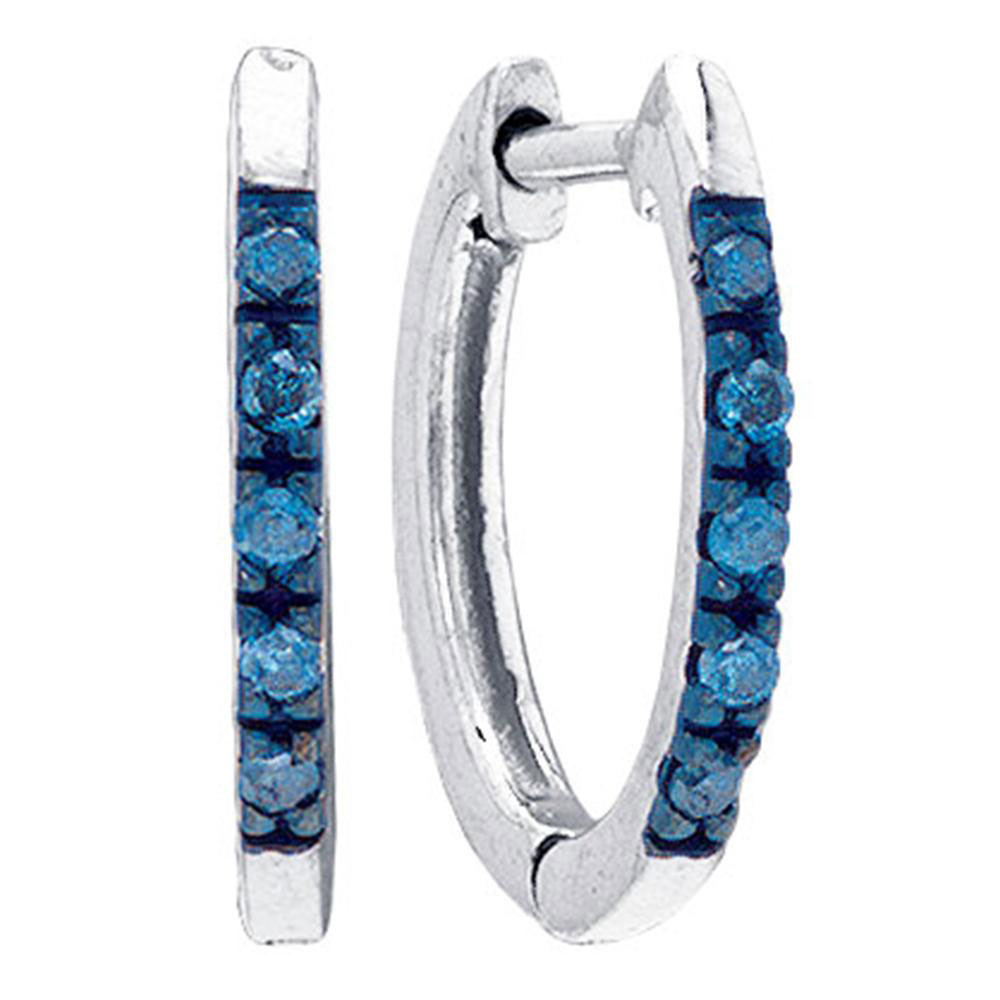 Sterling Silver Womens Round Blue Color Enhanced Diamond Hoop Earrings 1/10 Cttw