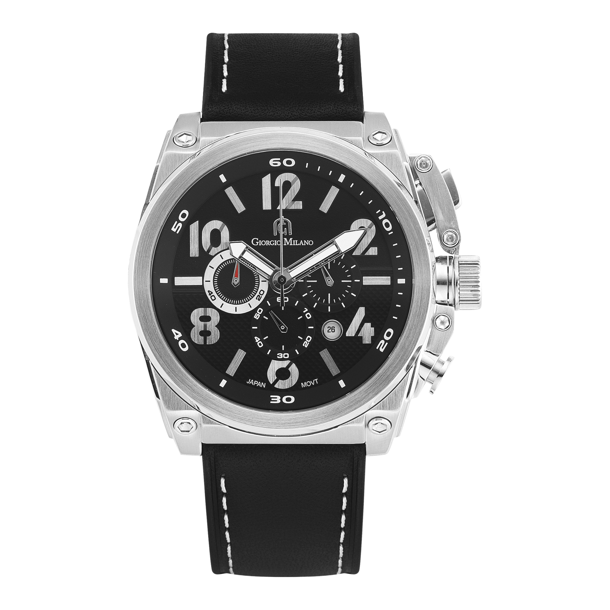 MARINO-Men's Giorgio Milano Stainless Steel IP Black Watch with Genuine Leather Straps