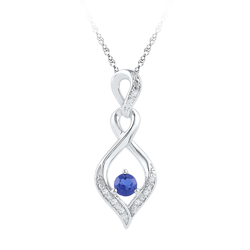 Sterling Silver Round Lab-Created Blue Sapphire Solitaire Diamond Pendant 1/5 Cttw