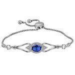 Sterling Silver Womens Oval Lab-Created Blue Sapphire Diamond Bolo Bracelet 1.00 Cttw