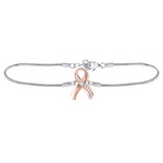 Sterling Silver Womens Round Diamond Pink Awareness Ribbon Fashion Bracelet 1/20 Cttw