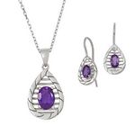 Silver Teardrop Pendant and Earring Set with Genuine Oval-Shaped Amethyst Center Stone