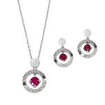 Silver Round Open Pendant and Earring Set with Genuine Rhodolite Center Stone