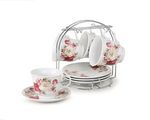 8oz. Set of 4 Coffee/Tea Cups On Metal Stand-Red and Ivory Flower