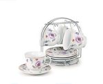 8oz. Set of 4 Coffee/Tea Cups On Metal Stand-Purple Flower