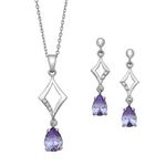 Silver Rhombus Shape with White CZ%27s and a Pear Shape Lilac Color CZ Dangle Pendant and Earring Set