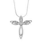 Silver Marquise Shape Angel Cross Pendant with White CZ%27s