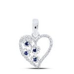 10k White Gold Round Blue Sapphire Diamond Heart Pendant 1/8 Cttw