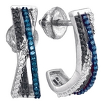 Sterling Silver Womens Round Blue Black Color Enhanced Diamond Stripe Half J Hoop Earrings 1/5 Cttw