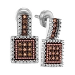 Sterling Silver Womens Round Brown Diamond Square Cluster Earrings 1/5 Cttw