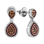 Sterling Silver Womens Round Brown Diamond Teardrop Dangle Earrings 1/5 Cttw