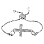 Sterling Silver Round Diamond Cross Religious Bolo Bracelet 1/20 Cttw